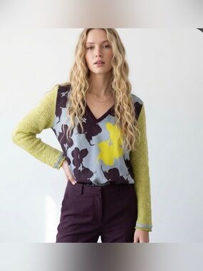 MONOPLAZA Spain Designer Blouse Top Shirt Sweater Floral Knit Blue Green Burgund